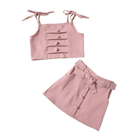 

Suanret Kids Girls Clothes 2pcs Plain Shoulder Straps Crop Camisole A-Line Skirts With Waist Belt Sets Pink 2-3 Years