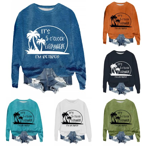 Wxolcjlv Women's Island Text Print Sweatshirt Crew Neck Cut Sweatshirts