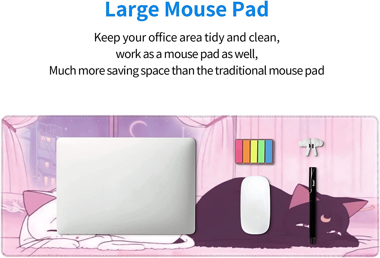 Pink Desk Pad Anime White Cat Black Cat Gaming Mouse Pad Large, Desk Office  Decor Exclusive Beautiful Girls Mouse Pad for Women Desktop with Stitched 