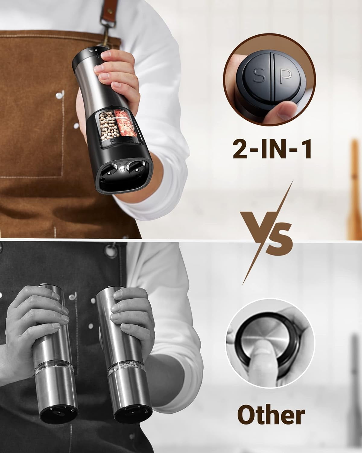 2-in-1 Electric Salt and Pepper Grinder Set with LED Light & Dual Ceramic Grinders for Kitchen Spice Seasoning