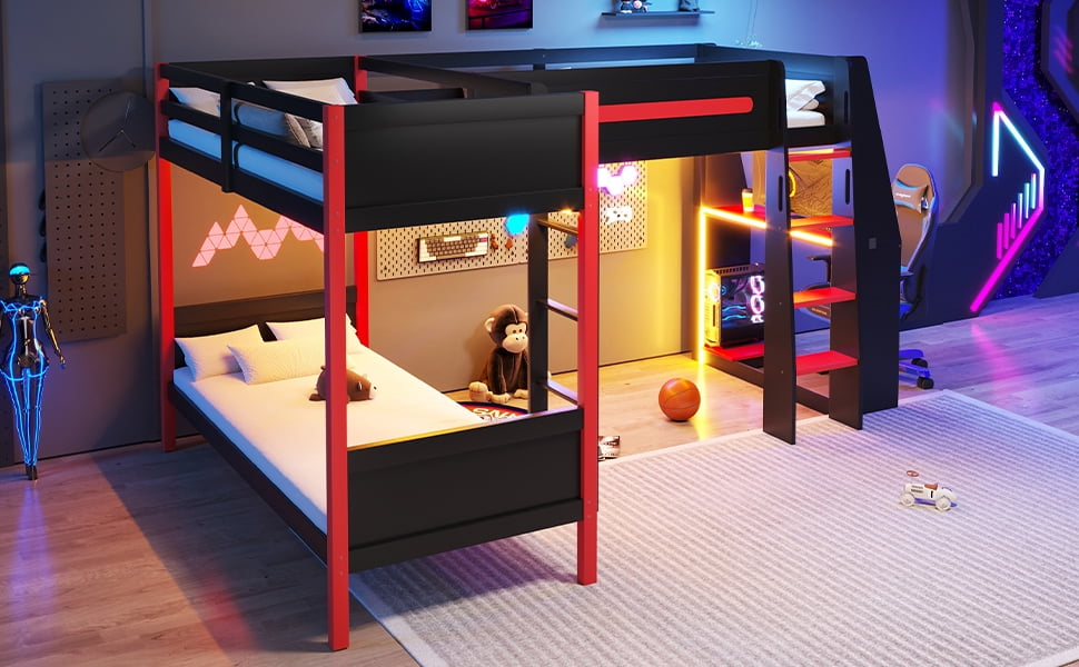 Mintazer L-Shaped Twin Gaming Bunk Bed with LED Lights & Desk and Storage Shelves, Triple Bunk Bed with Ladder & Guardrails for Dorm Bedroom, Black & Red