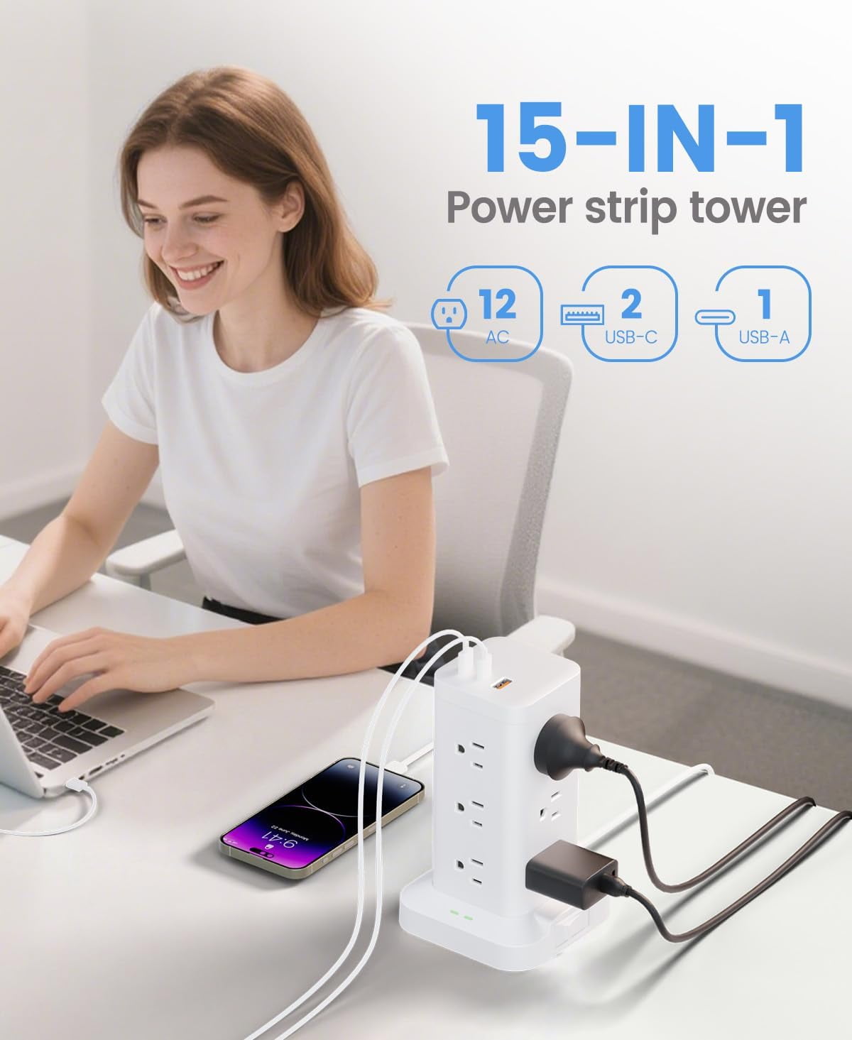 Tower with Surge Protector 1800J, Fast Charging Tower PD20W USB-C Ports with 12 AC Outlets, 10ft Extension Cord for Home Office Dorm Room, White