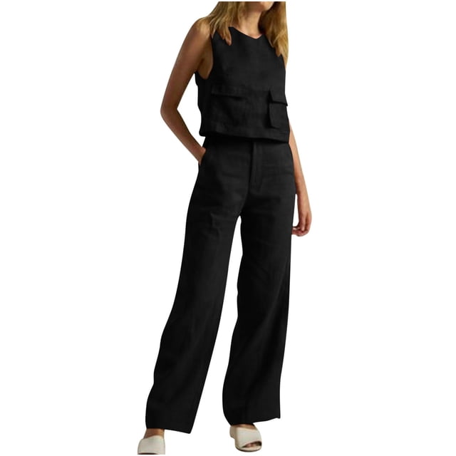 Womens Plus Size Summer 2 Piece Outfits Cotton Linen Matching Sets Plain Tank Top Loose Pockets Long Pants Loungewear