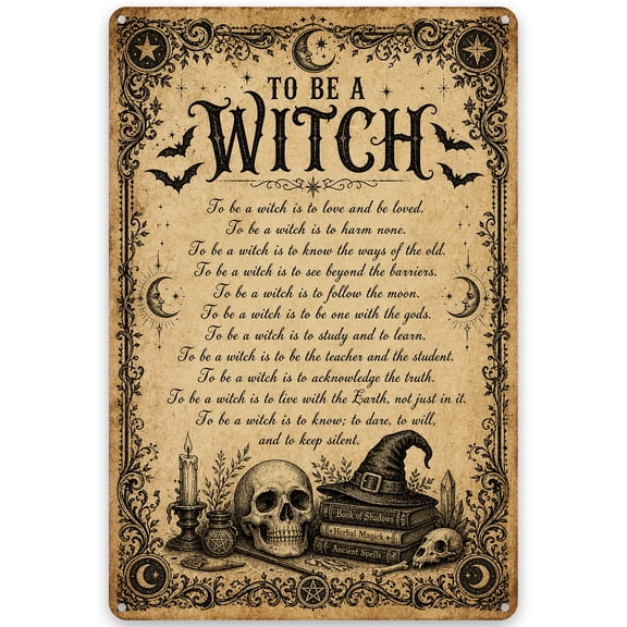 Metal Witch Themed Wall Decor Sign with Vintage Skull and Spell Elements, 8x12 Inch, Indoor/Outdoor Rustic Iron Plaque for Easy Hanging, Suitable for Home Decor and Halloween Decorations