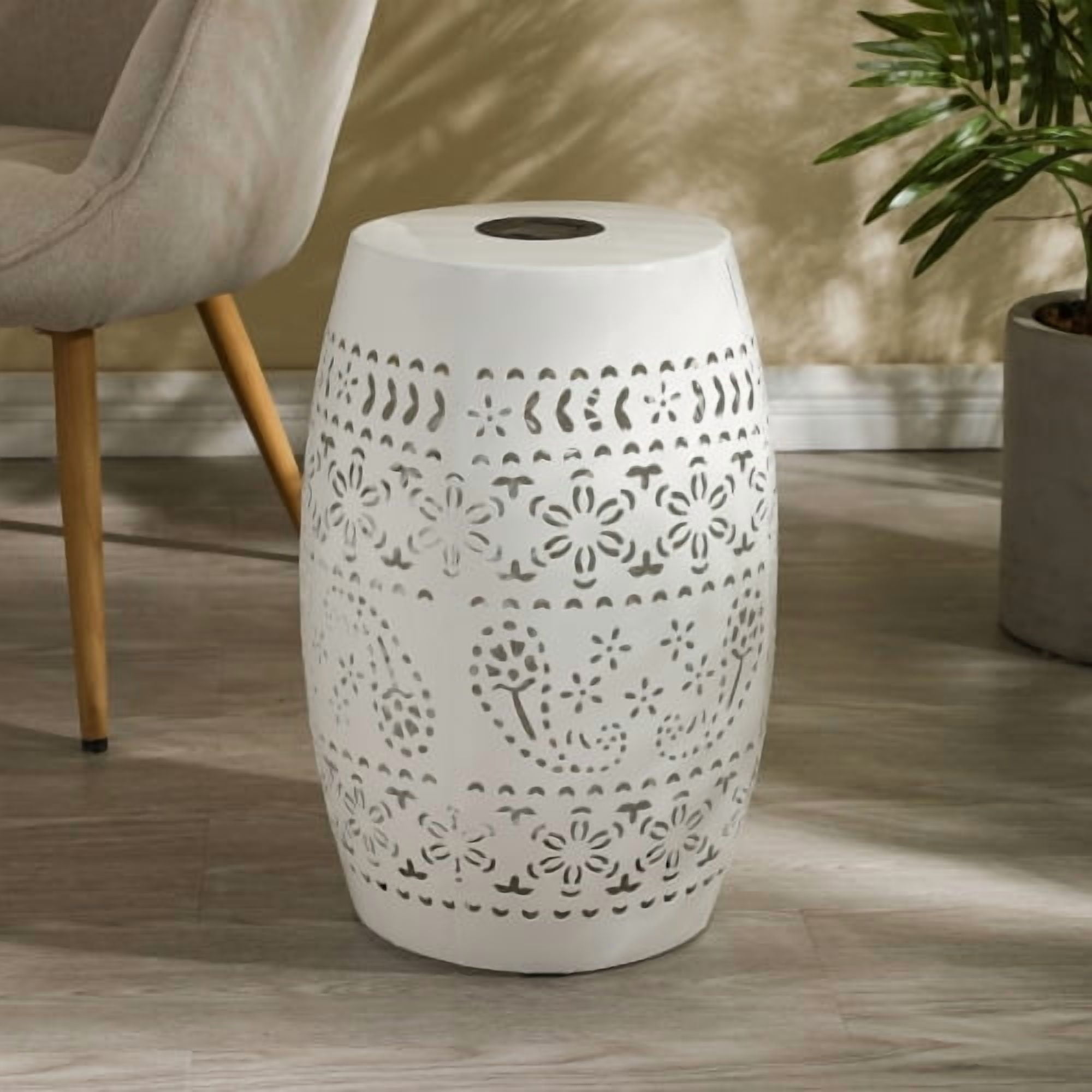 Solar Side Table, Outdoor Side Table with Built-In Solar Battery for Patio Garden Backyard, White
