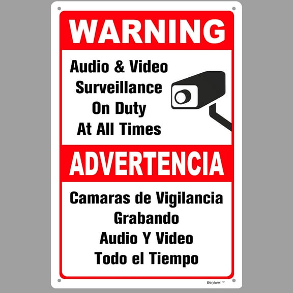 BTFSigns Bilingual 8" x 12" Warning Sign Audio & Video Surveillance on Duty at All Times Advertencia Signs