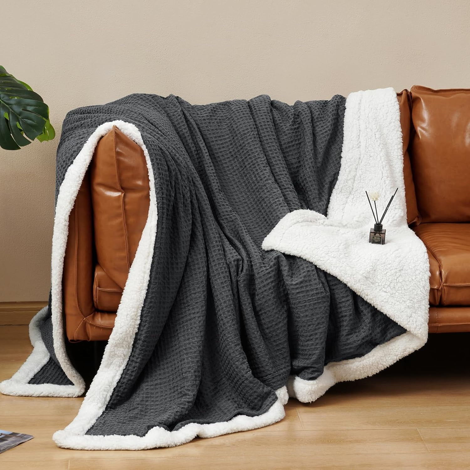 PHF Waffle Sherpa Bed Blanket Twin Size, Cozy Warm Reversible Plush Flannel Blanket for Winter, 60" x 80", Black