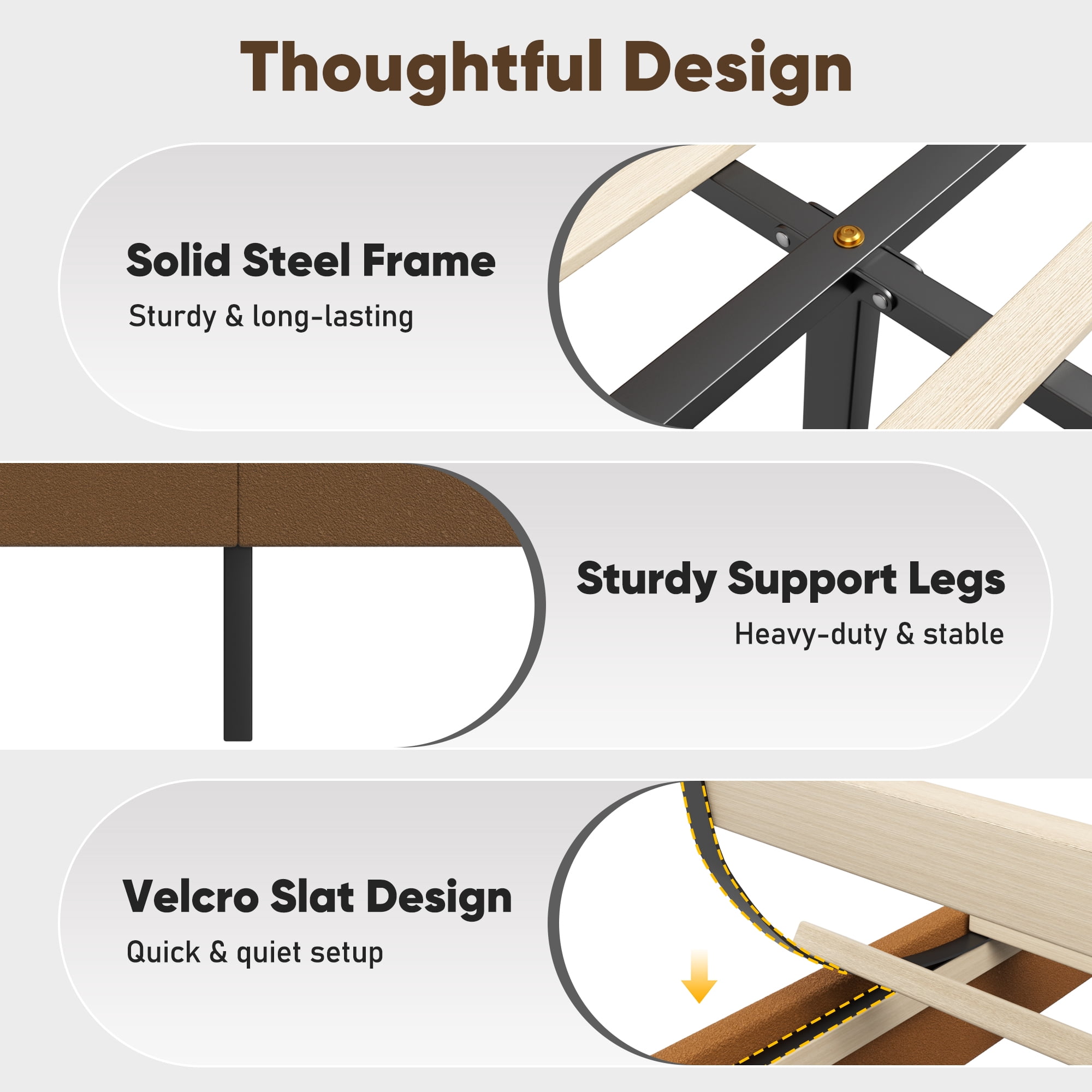 Frostbloom Queen Bed Frame with Boucle Adjustable Headboard, Cloud Style Upholstered Platform Bed, Brown