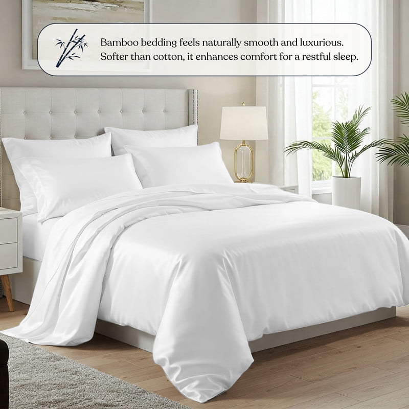 Delara 100% Bamboo Viscose Queen Duvet Cover Set – Ultra-Soft, Cooling & Breathable Luxury Bedding with Pillow Shams, White