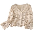 thumbnail image 4 of Women's V Neck Button Down Crochet Cardigan Sweater for Spring and Autumn Long Sleeve Hollowed Out Knit Floral Crop Top, 4 of 9