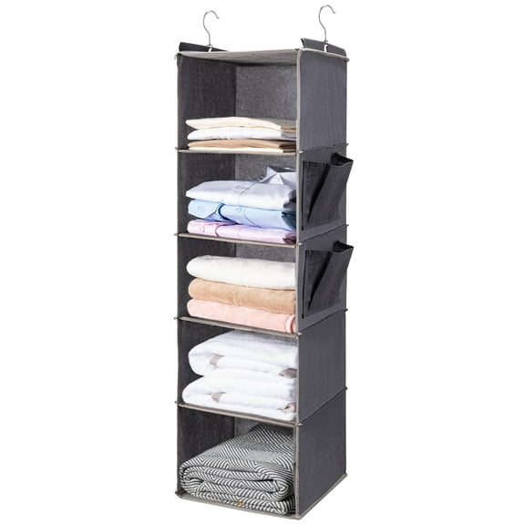 5-Tier Hanging Closet Organizer with 2 Side Pockets, Foldable Fabric Closet Storage Shelves, Space-Saving Hanging Closet Organizer for Clothes, Shoes, Sweaters, Accessories