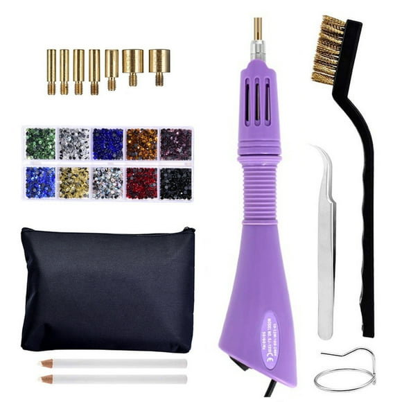 Graflsoa Purple Rhinestone Hotfix Tool Kit with 7 Hot Heads, 110-280V, 15W, ABS+Rubber, 185mm Length, Includes Accessories for DIY Crafting