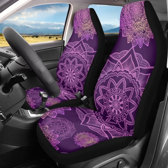 Binienty 2 Piece Car Front Seat Covers Boho Mandala Flower Automotive Front Seat Covers Polyester Stretchy Automotive Interior Accessories Universal Fit