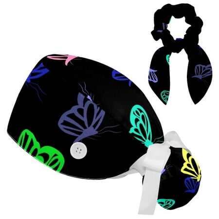 

Working Cap with Buttons and Sweatband Scrub Hat Bouffant Caps with Scrunchie Butterfly Tie Back Hats