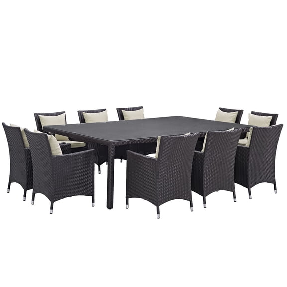 Modern Contemporary Urban Design Outdoor Patio Balcony Eleven PCS Dining Chairs and Table Set, Beige, Rattan