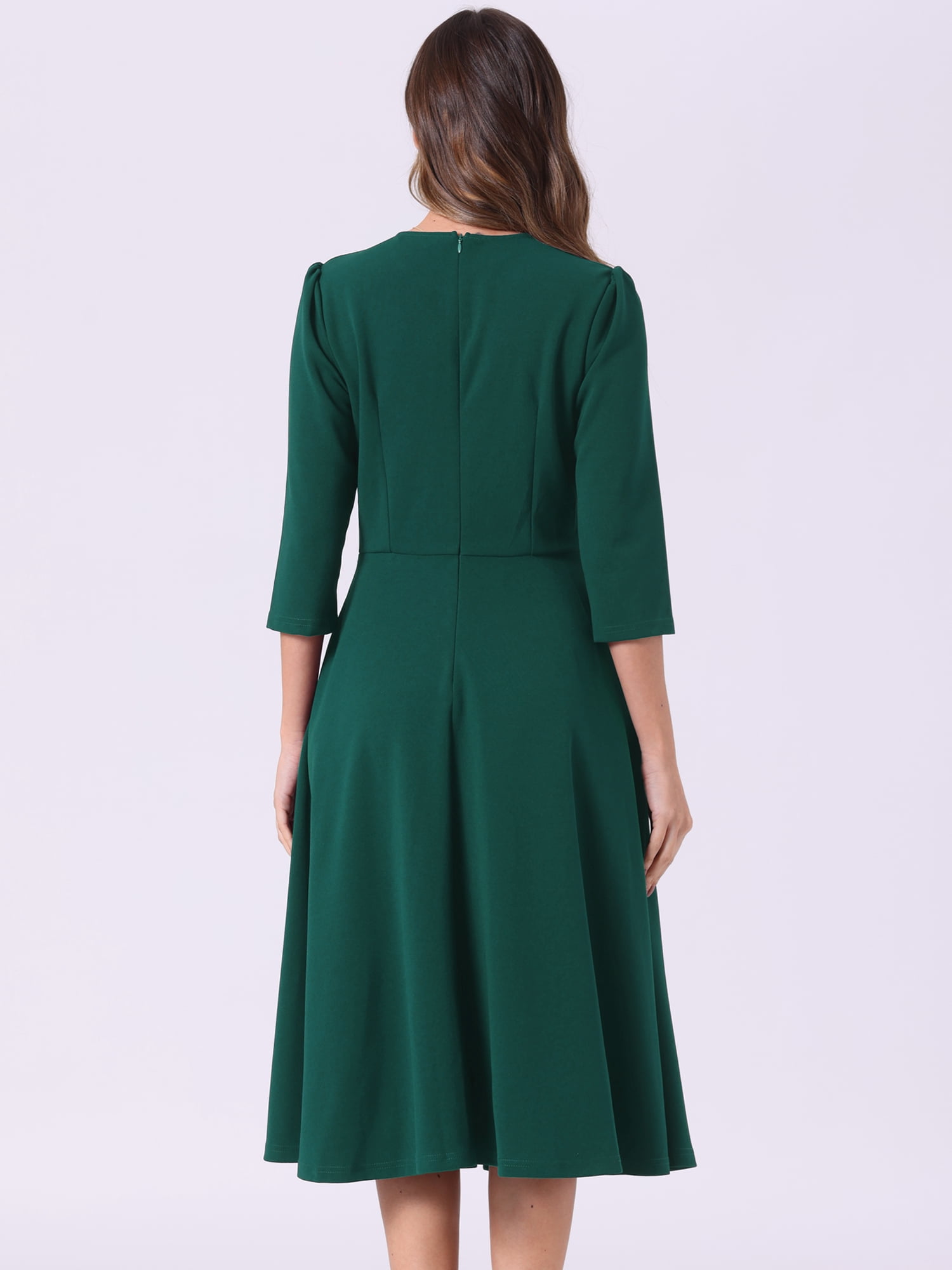 DARING DIVA 3/4 Sleeve A-Line Midi Work Dress XS Dark Green