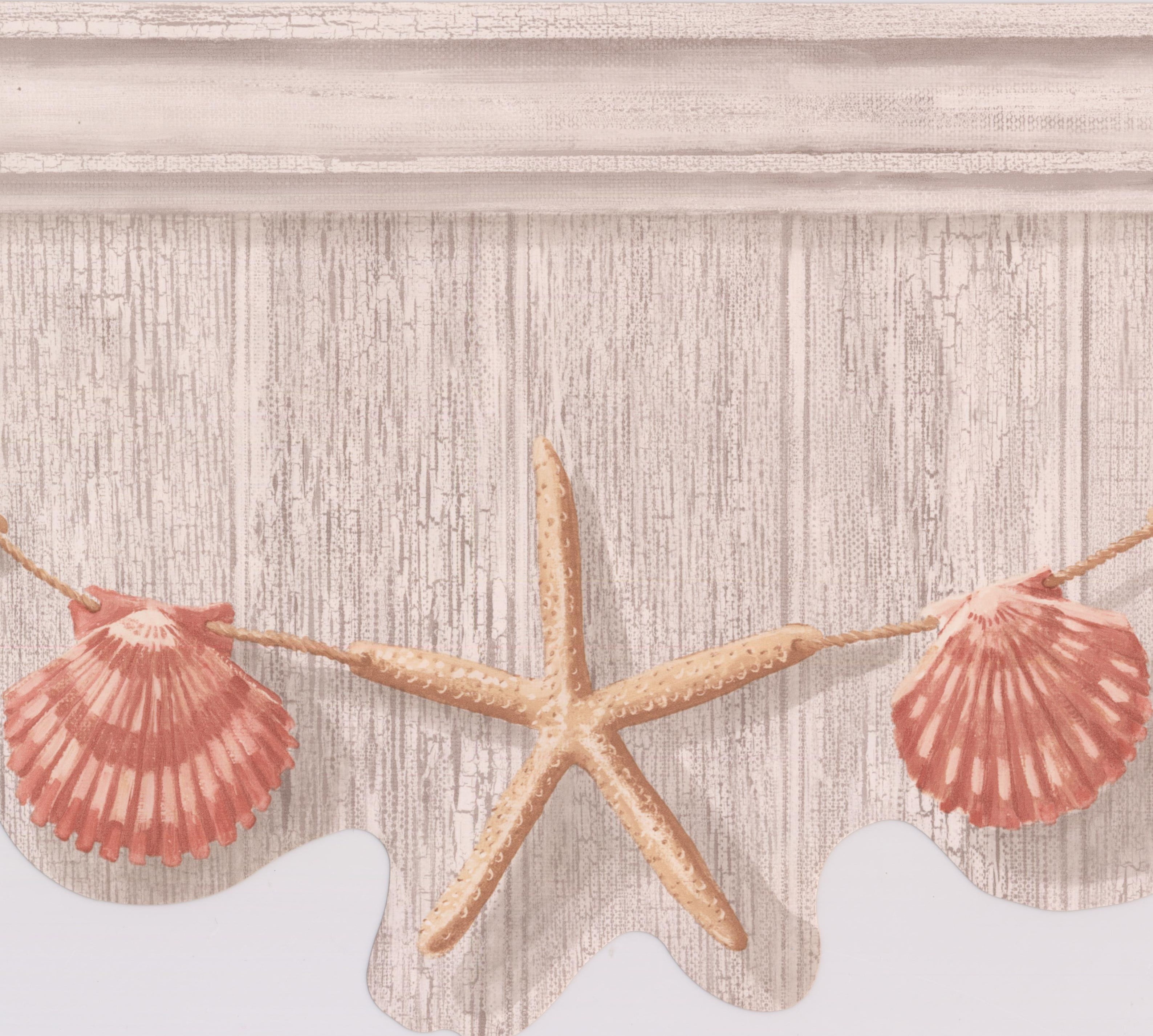 Beige Starfish Red Seashell Hanging on Light Grey Wall Nautical