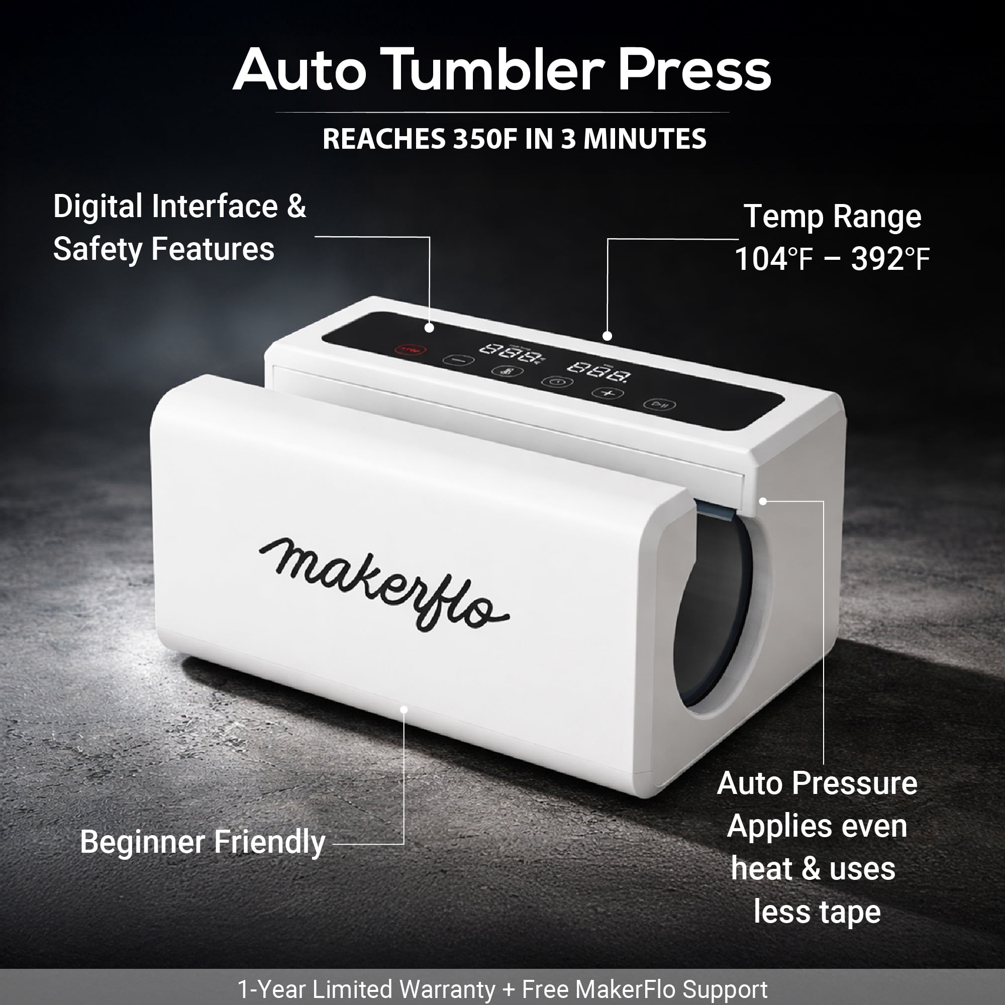 MakerFlo Automatic Tumbler Heat Press Machine, Auto Pressure Sublimation Mug Press for Tumblers, Mugs & Drinkware, Fast Heating with Even Heat Distribution, Digital Display, Heat Transfer Machine
