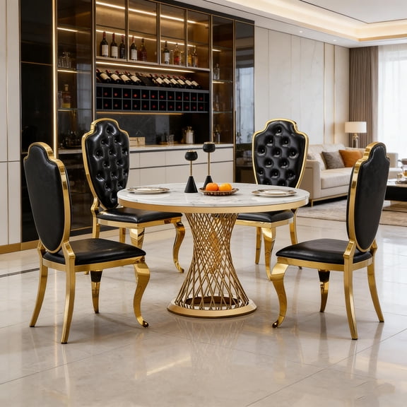 47" Gold Base Round Dining Table with High Gloss Faux Marble Top, Modern Stainless Steel Kitchen Table (Table Only)