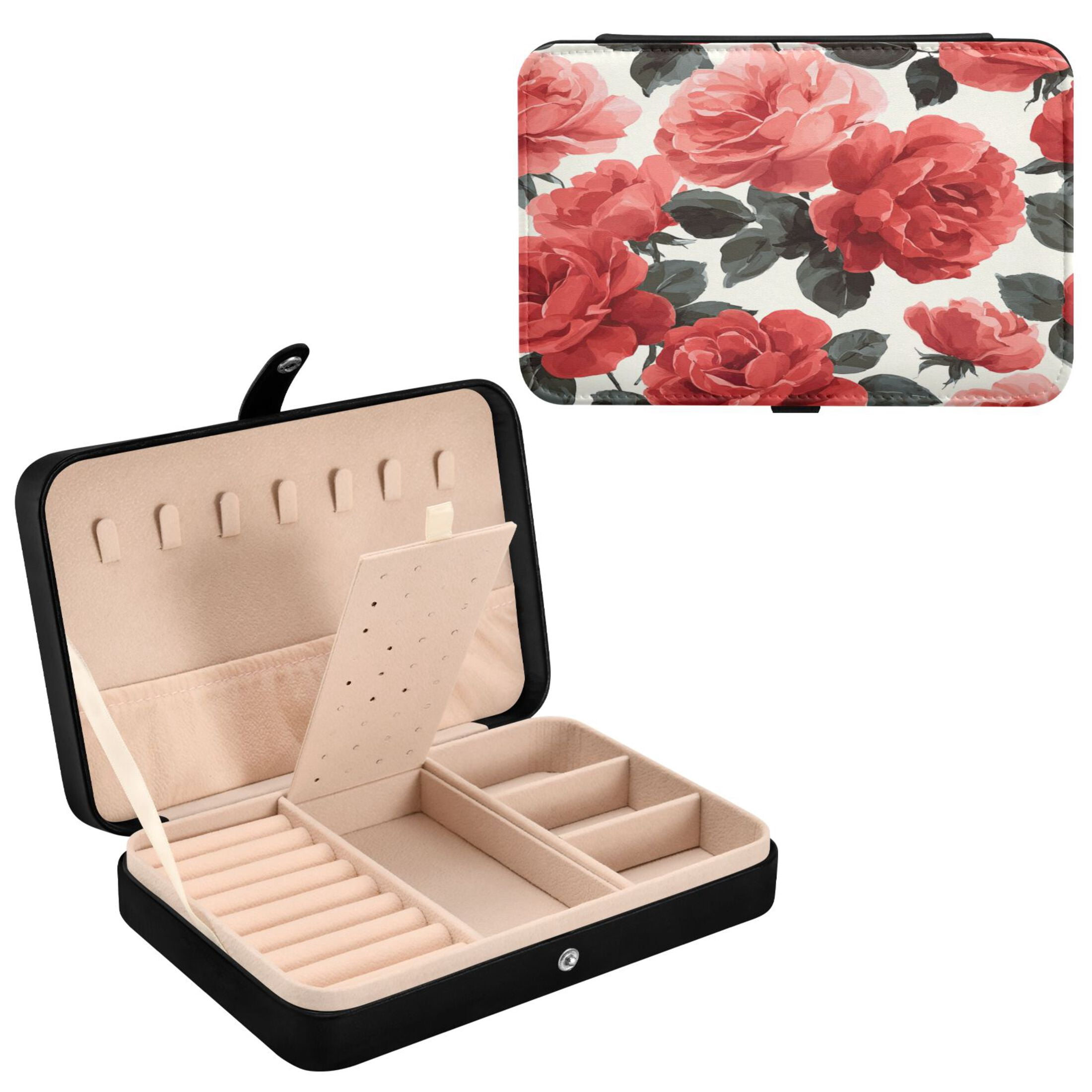 Leather Jewelry Box Rectangular 8.27x5.5x1.78In Travel Jewelry Storage Earrings Necklace Bracelet Watch Brooch Storage Beautiful Red Rose