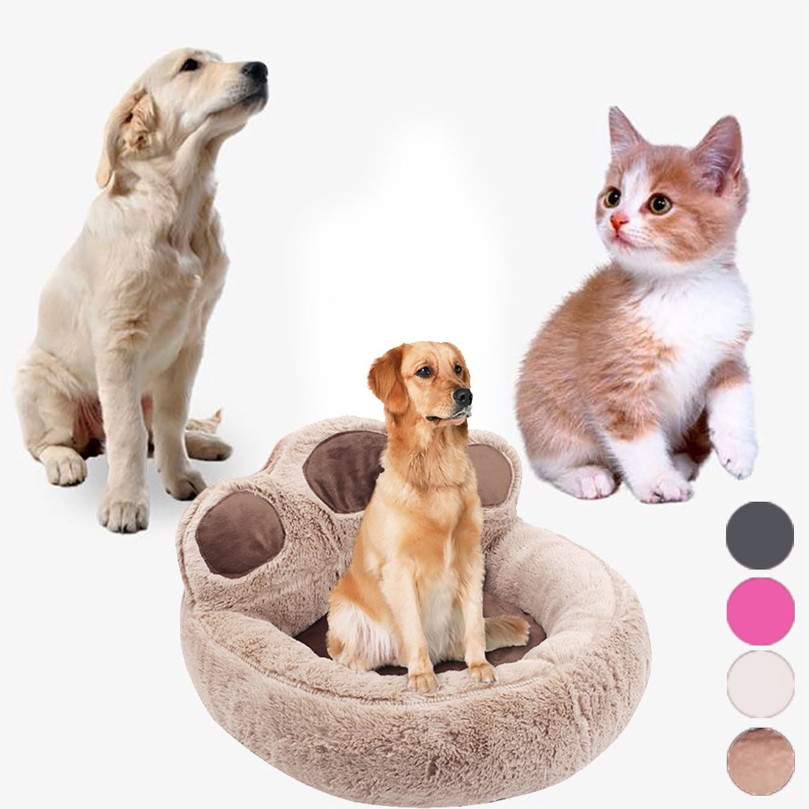 Cute Round Calming Dog Bed of Paw Shape, Pet Large Fur Plush Dog Bed Donut for Medium Large Breed Dog, Soft, Comfy and Cozy Doggie Bed with Bolster C