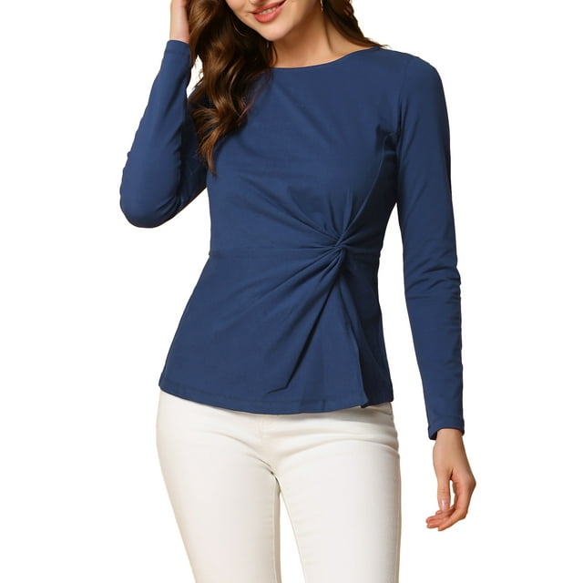 INSPIRE CHIC Women's Round Neck Front Twist Long Sleeve Blouse Tops