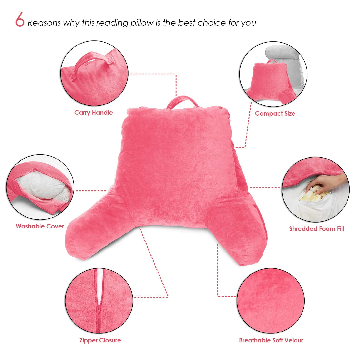 Clara Clark Bed Rest Reading Pillow with Arms and Pockets, for Kids Teens & Adults - Premium Shredded Memory Foam TV Pillow, Medium, Light Pink