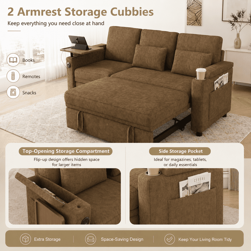 3-in-1 Convertible Sofa Bed, 3-Seater Chenille Couch with Adjustable Backrest, USB Charging Ports, Table Board and Storage Armrests, 81'' Foldable Sleeper Sofa for Living Room