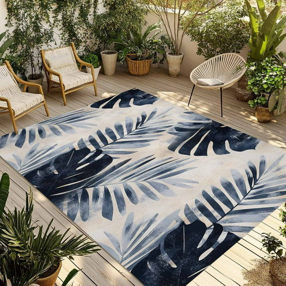 Fsddascl Navy Blue Palm Leaves Outdoor Rug for Patio/Deck/Porch, Non-Slip Large Area Rug 5 x 8 Ft, Tropical Botanical Retro Indoor Outdoor Rugs Washable Area Rugs, Reversible Camping Rug Carpet