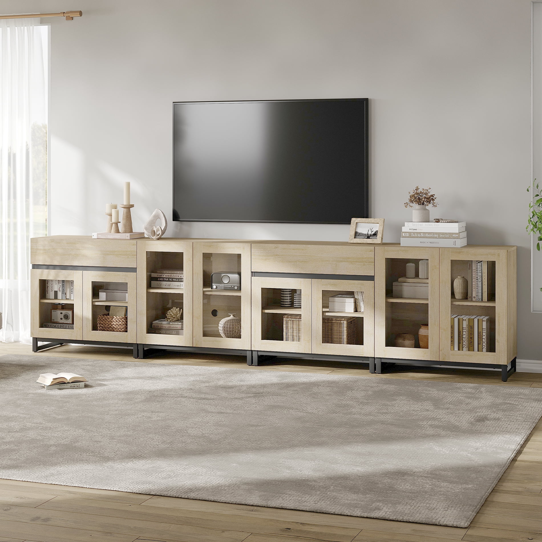 Modern TV Stand For Tvs Up To 120 Inches, 4 In 1 TV Console With Glass Doors And 2 Drawers, Entertainment Center With Adjustable Shelf For Living Room, Bedroom,Beige