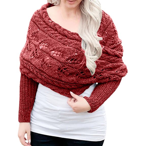CAIVO Women Fashion Casual Autumn Winter Outdoor Solid Color Hollow Thickened Comfortable Double Sleeve Shawl Scarf With Sleeve Sweater Scarf Vintage Shawls Wraps