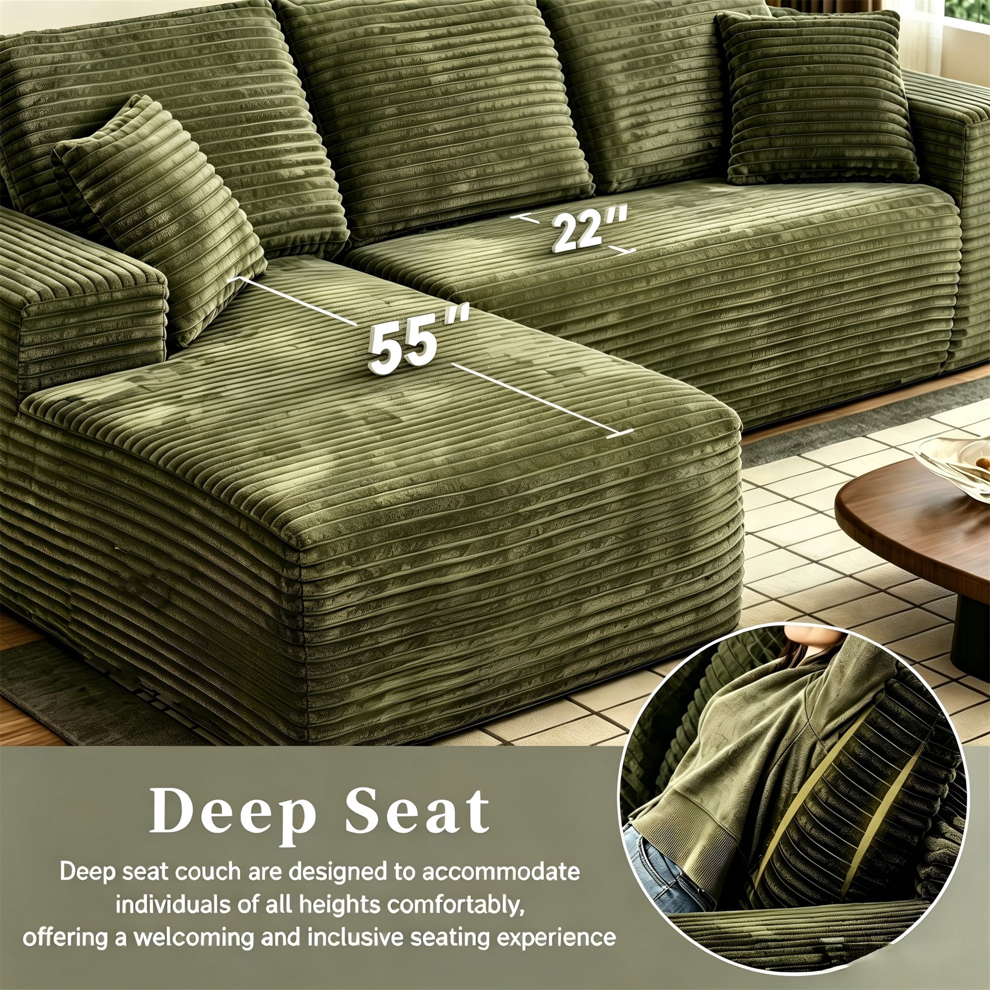 Aukfa 108" Cloud Sectional Boneless Couch Oversized Modular L-Shaped Sofa for Living Room, Left Chaise, Corduroy, Green