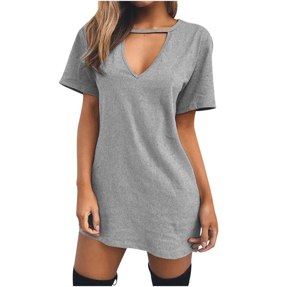 CIENVNSTG Summer Dresses for Women 2026 V-Neck Short Sleeve Casual Sundresses T-Shirt Dress Side-Slit Casual Dress S
