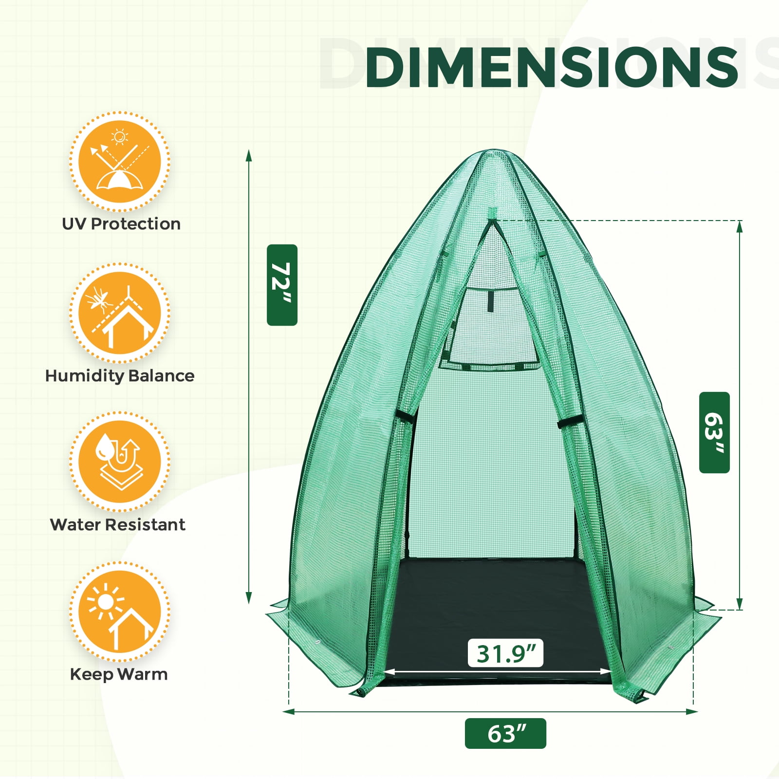 EAGLE PEAK 63'' x 63'' x 72'' Portable Mini Hexagon Greenhouse with PE Cover, Roll-up Zippered Door & Mesh Windows, Ground Mat, Green