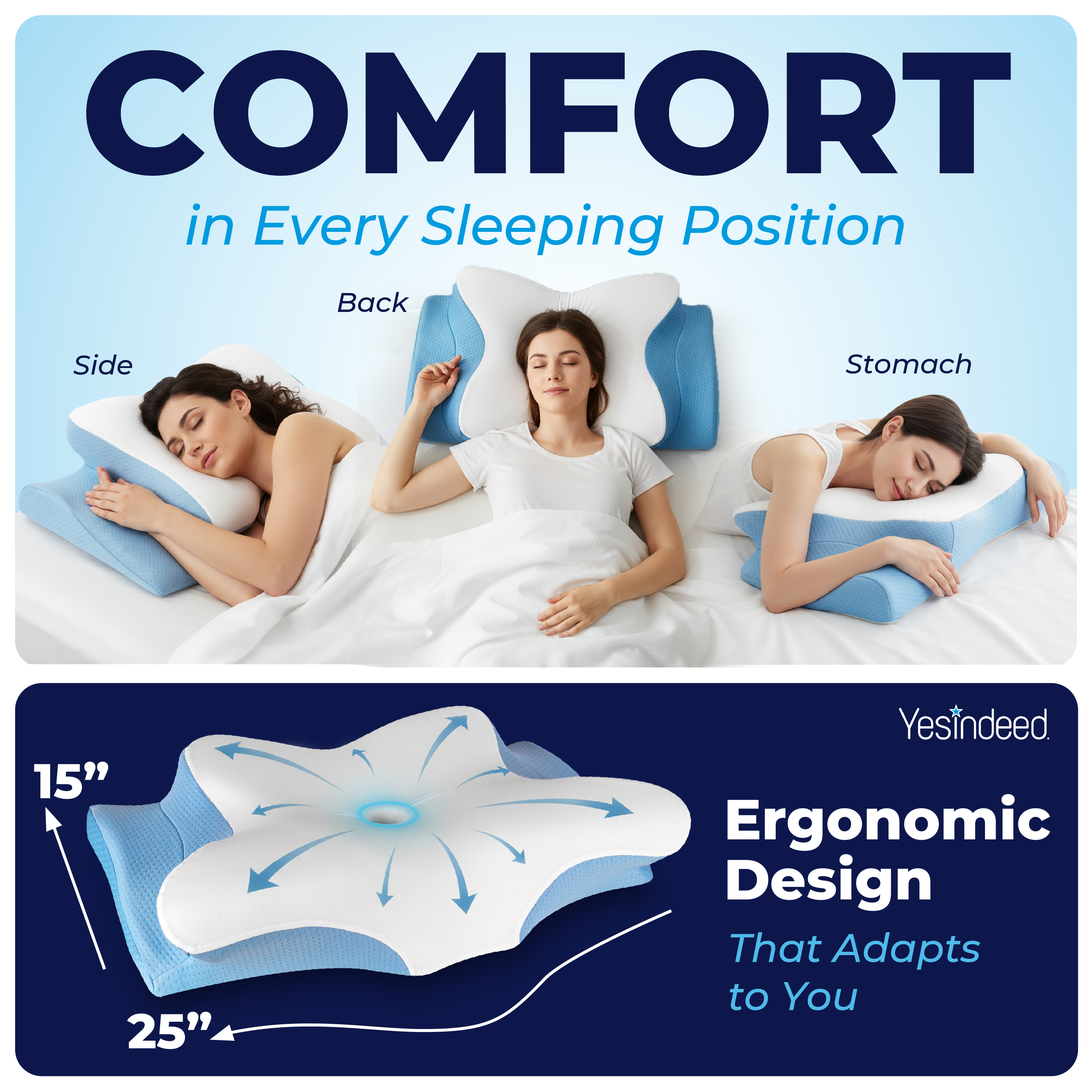 YESINDEED Pain Relief Cooling Pillow - Cervical Neck Support for Sleeping (Blue & White)
