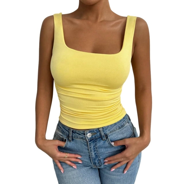 Women'S Summer Sleeveless Square Neck Tank Top Ruched Slim Fit Basic Vest Tops Yellow M