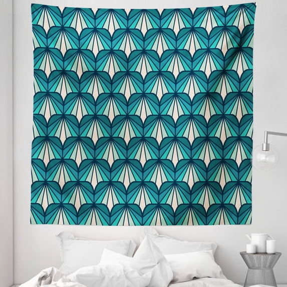 Shells Tapestry, Remembrance of Vintage Style Art Deco Pattern of Design Repetitive Art, Fabric Wall Hanging Decor for Bedroom Living Room Dorm, 5 Sizes, Teal Dark Teal and Pearl, by Ambesonne