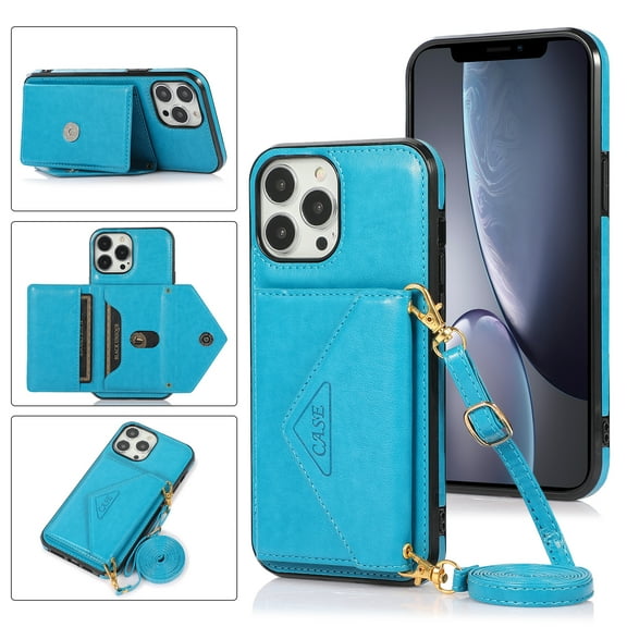 SaniMore for iPhone 14 Pro Max 6.7" 2022 Case with Back Folding Card Pocket Kickstand Detachable Adjustable Crossbody Shoulder Strap PU Leather Shockproof Slim Wallet Case for iPhone 14 Pro Max, Blue