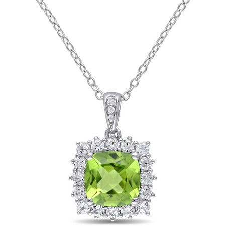 Tangelo 2-3/4 Carat T.G.W. Peridot and Created White Sapphire with Diamond-Accent Sterling Silver Halo Pendant, 18