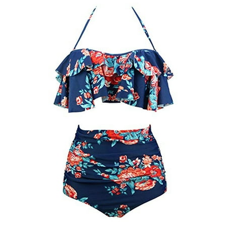 SAYFUT Women Retro Floral Printing Swimsuit Plus Size High Waist Slimming Two Piece Bikini Set Swimwear Bathing
