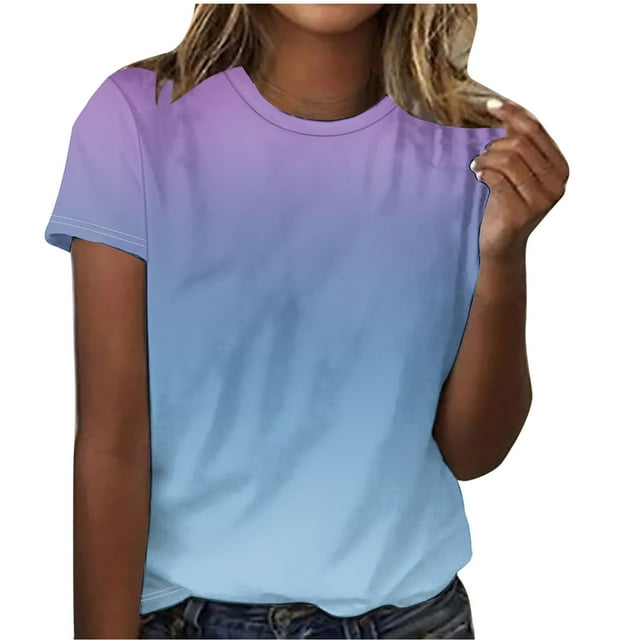 Timegard Summer Tops for Women Crew Neck Short Sleeve Gradient Color Comfy Blouse Casual Loose Tops
