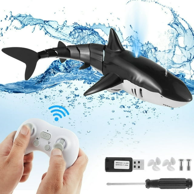 Remote Control Shark Toy 2.4Ghz RC Shark Pool Toy 500mAh Rechargeable High Simulation Shark Toys IP67 Waterproof Shark RC Toys Electric Shark Toy with Light Spray Water for Boys Girls