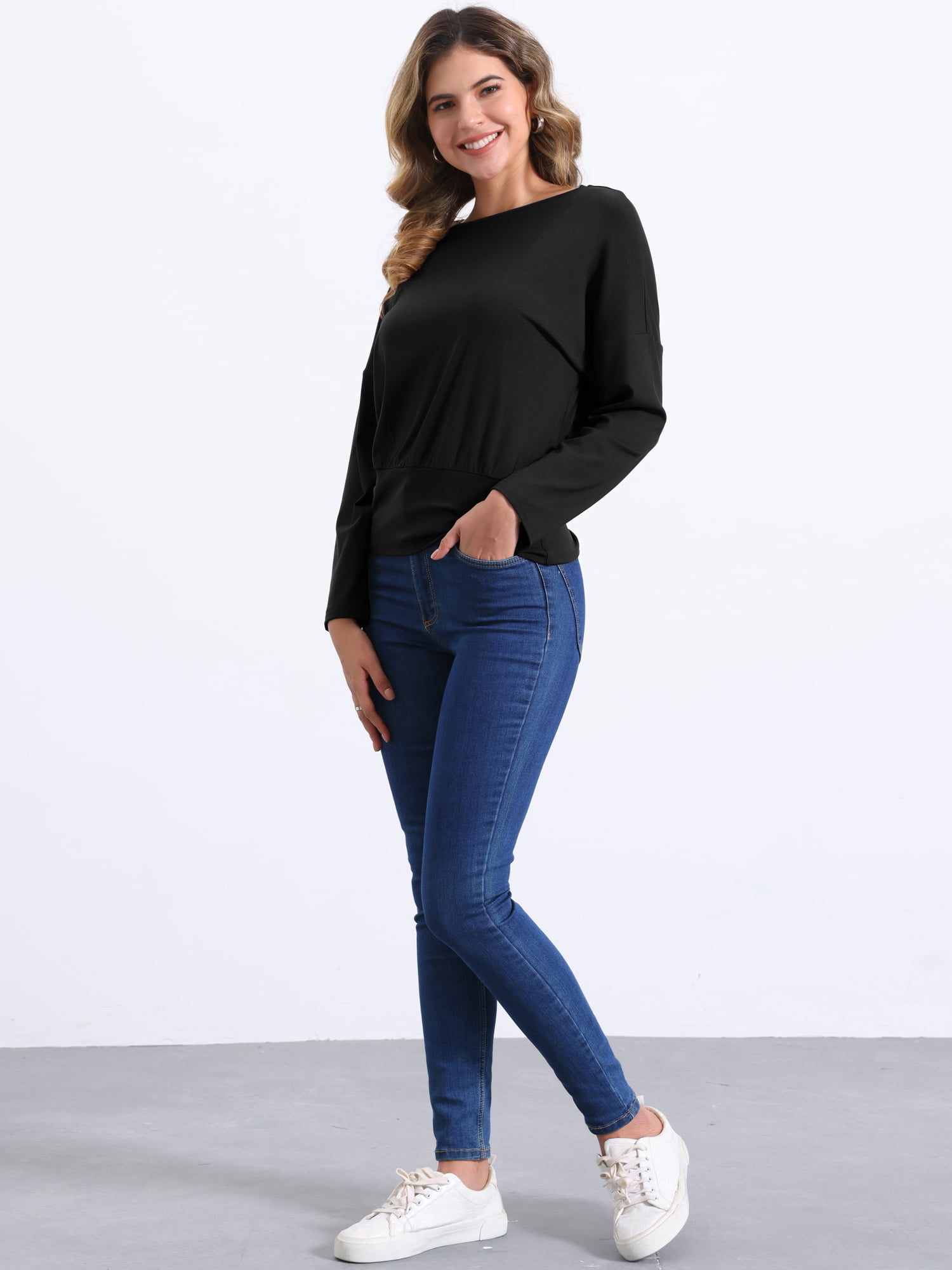 DARING DIVA Women's Casual Long Sleeve Knit Drop Shoulder Loose Blouses M Black