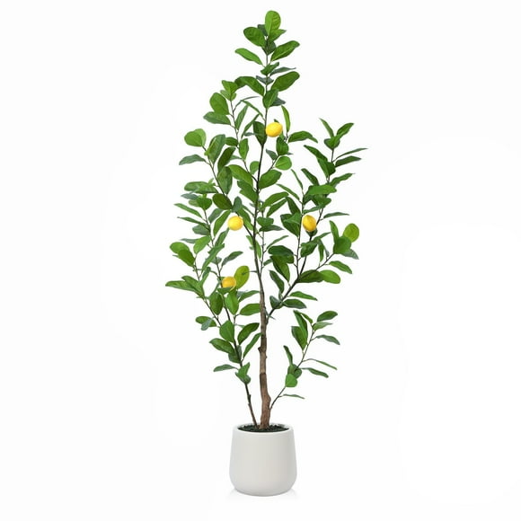 Laiwot Artificial Tree, 5ft Tall Fake Lemon Plants for Indoor Home Decor, Faux Lemon Tree with 9in White Planter, Large Floor Plants for Office Living Room Decor, 1 Pack
