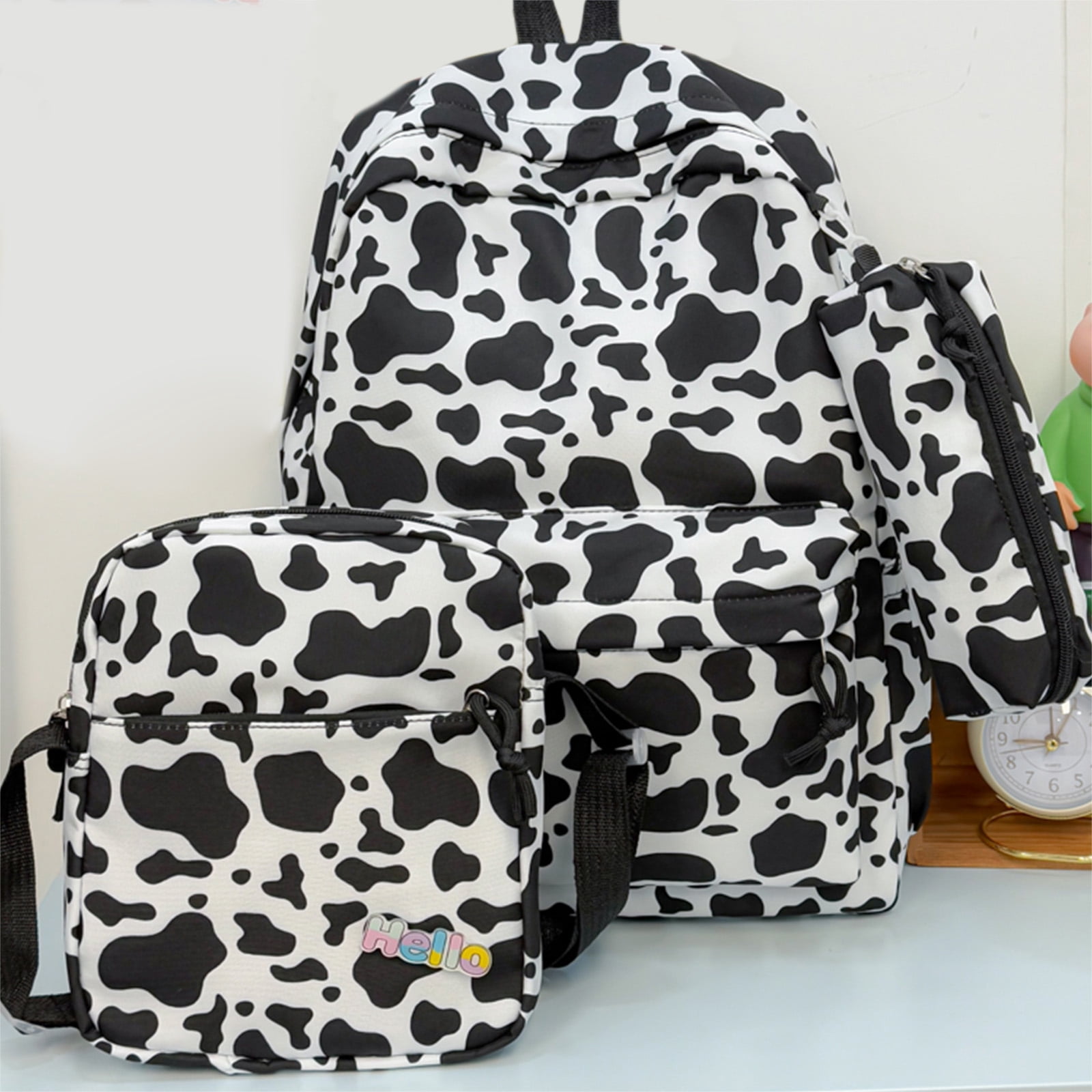 HUISZJ 3-In-1 School Backpack Set, Large Capacity School Backpack with Lunch Box, Versatile School Bag for Student College, Cow Print