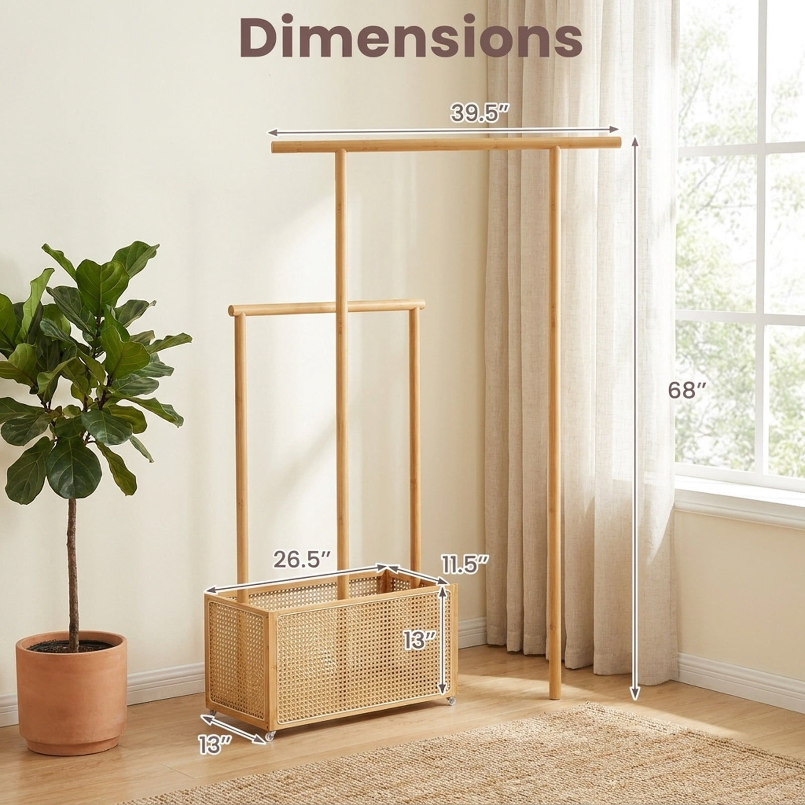 Furnibear Bamboo Clothes Rack with Wheels Woven Rattan Storage Basket and Hanging Rod Rolling Garment Rack for Bedroom and Entryway, Natural