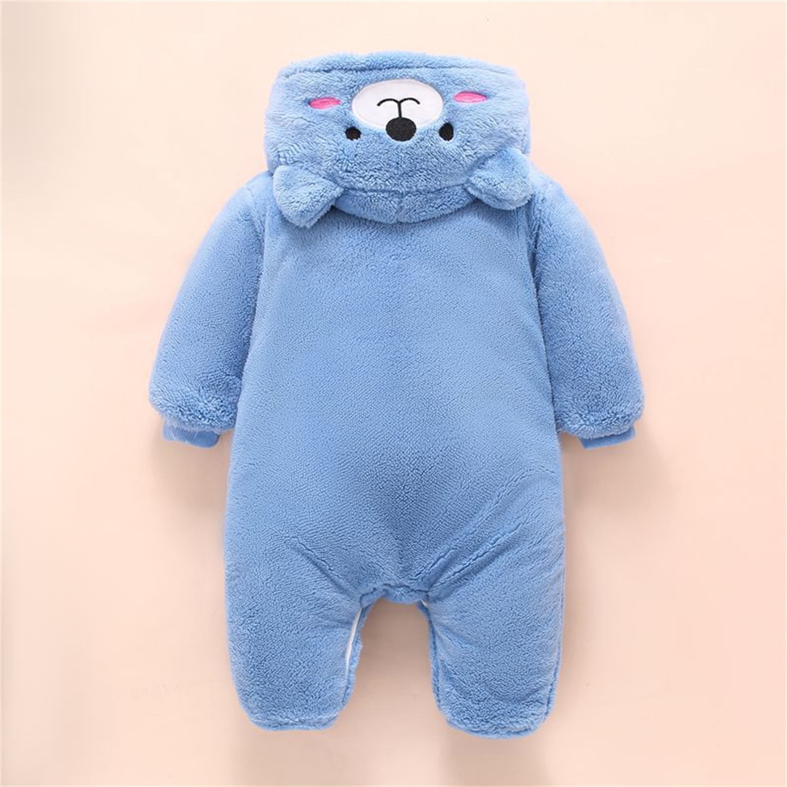 Jinhomg Cute Bear Onesie for Baby Soft Cozy Fleece Footie Hooded Romper Fall Winter Thermal Long Sleeve Full Zip Jumpsuit Trendy Bodysuit Blue 12 Months