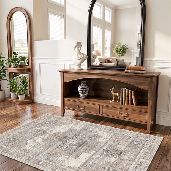 Living Room 3x5 Area Rugs - Washable Lightweight Area Rug Stain Resistant Carpet Vintage Soft Rugs for Bedroom Kitchen entryway with Non Slip Backing Home Decor Small Mat 3X5 Beige