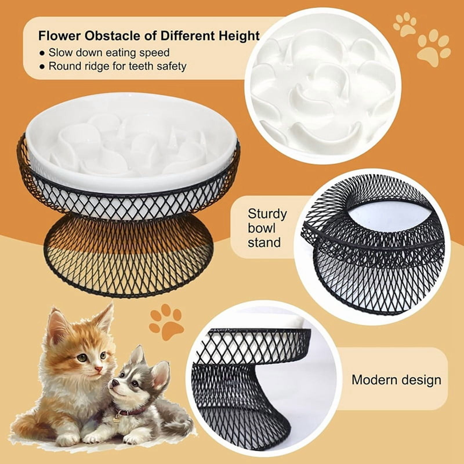 Osfvolr Raised Ceramic Cat Slow Feeder Bowl, Elevated Cat Plate with Stand, Slow Bowl for Wet and Dry Food, Friendly Pet