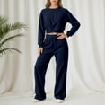 thumbnail image 2 of sususu 2 Piece Sets for Women Fall,Sweat Set Stylish Women's Two Piece Outfit Round Neck Long Sleeve Blouse with Flowy Wide Leg Trousers Comfortable Elastic Drawstring Waistband - Navy, 2 of 4